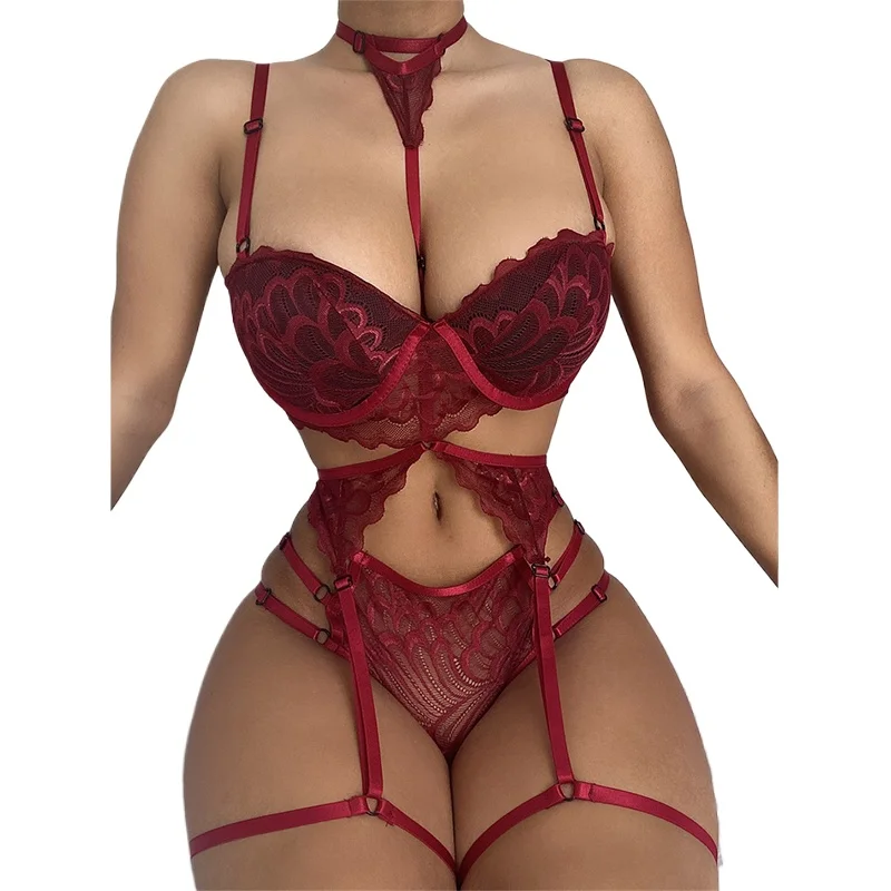 Sexy Lingerie Set Women Lace Mesh See Through Hollow Out Garters Thong Push Up Bra Set Female Sex Costume Underwear