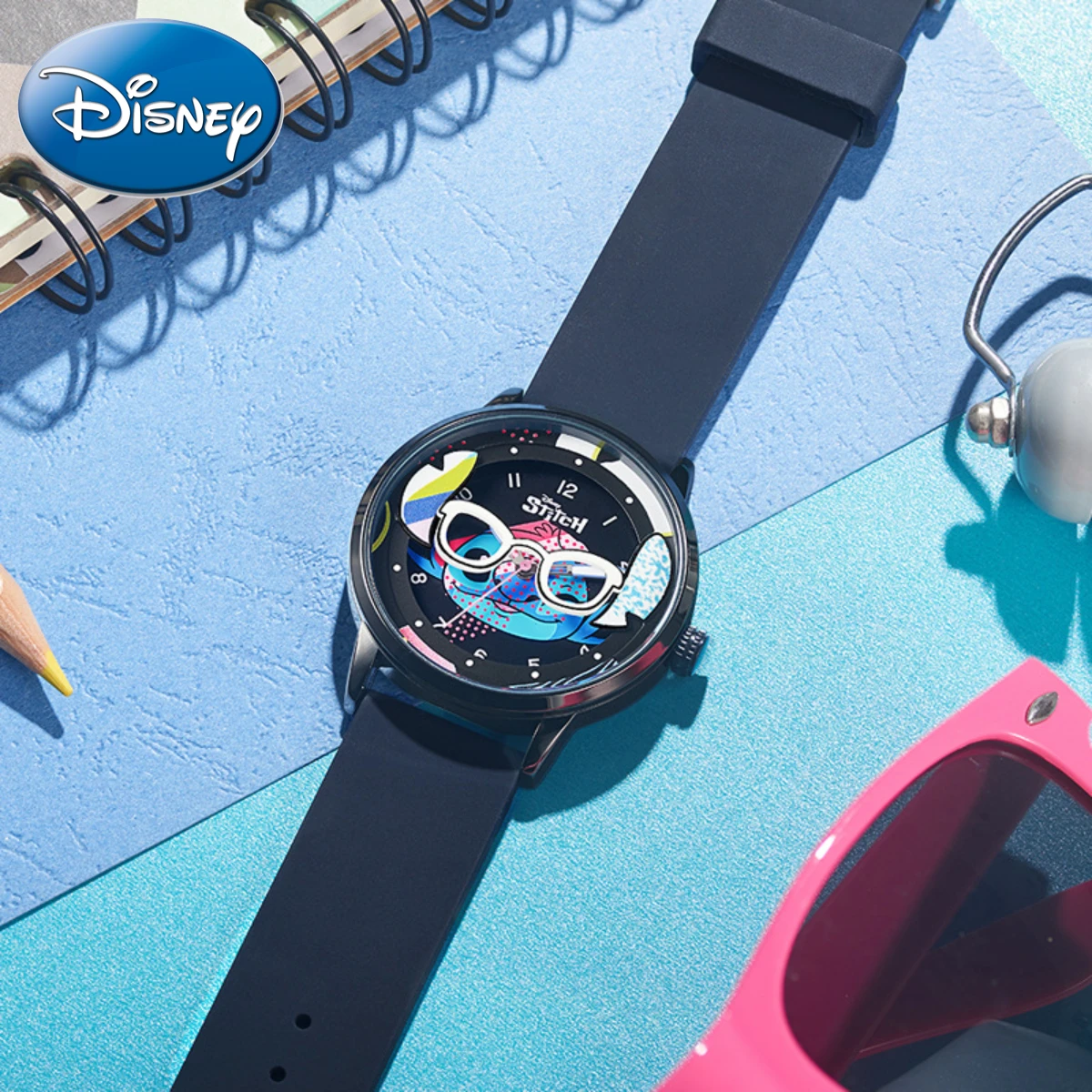 Disney-reloj de cuarzo con caja para niños, cronógrafo Masculino con diseño de gafas huecas de cristal, luminoso, Stitch, regalo