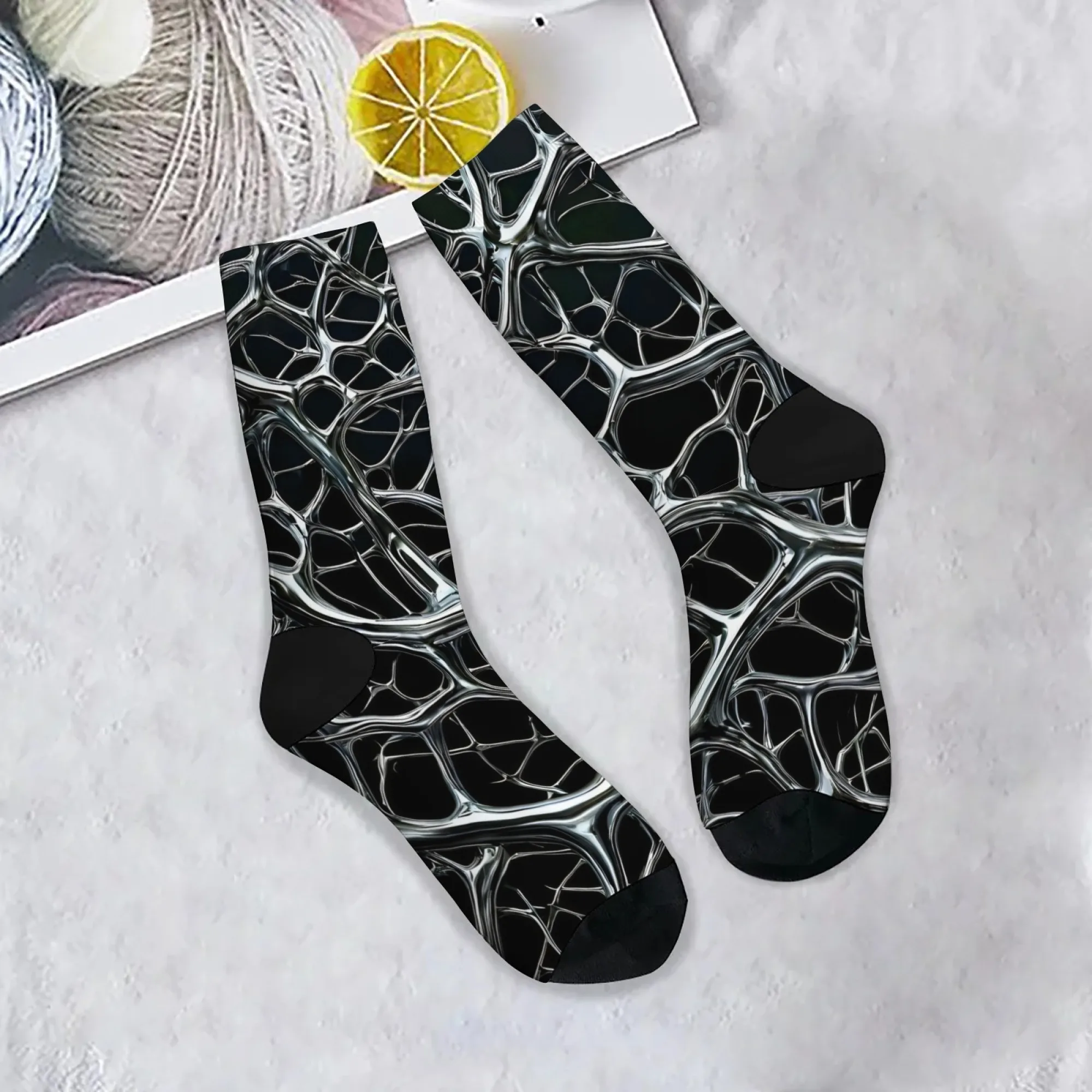 

Y2k Cyberpunk Tech Style Crew Socks Artistic Metal Mesh Design Print Comfortable Soft for Futuristic Style & Tech Art Lovers