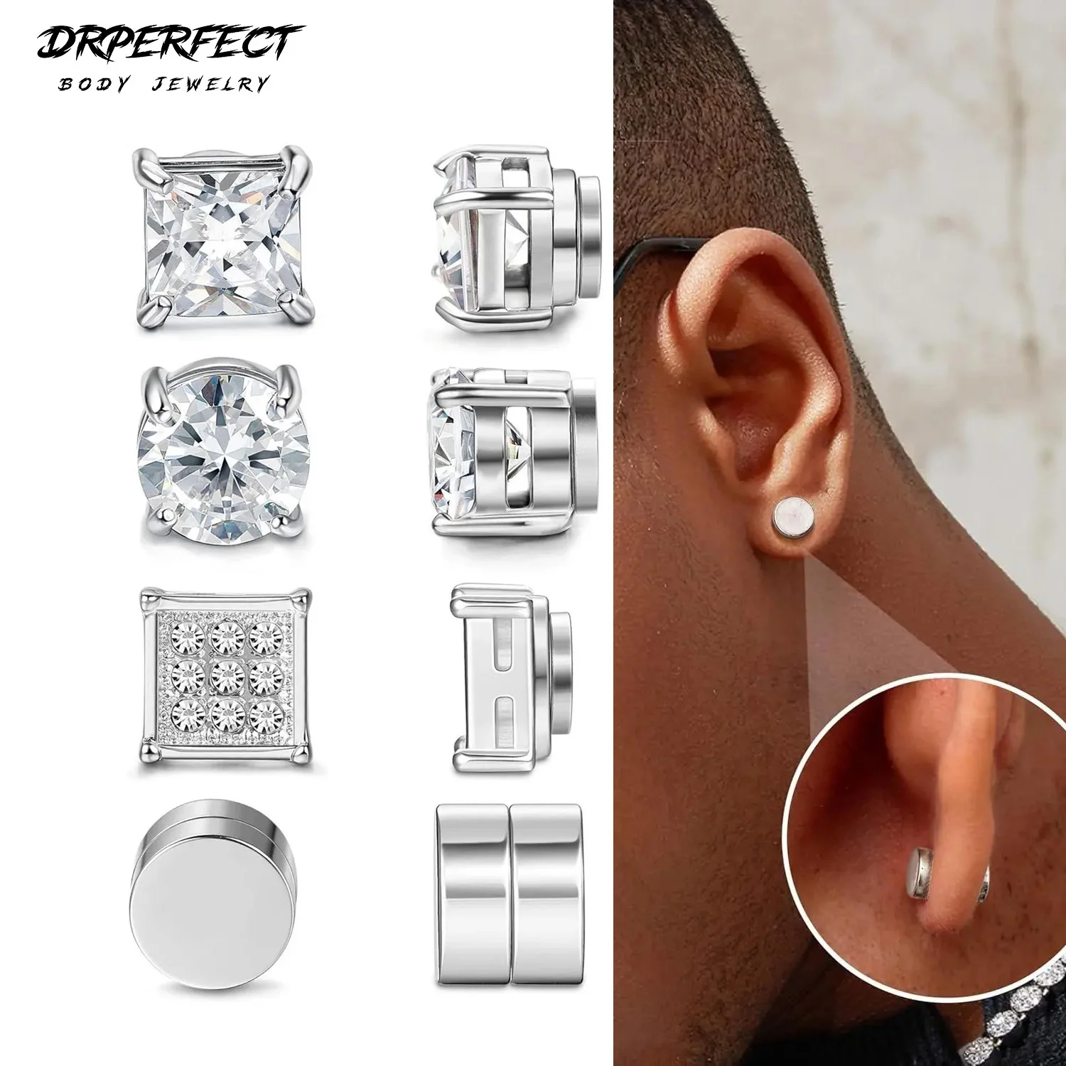 

Drperfect 4Pairs Magnetic Stud Earrings for Men Women Stainless Steel CZ Earrings Studs Square Round Non-Piercing Clip on Stud