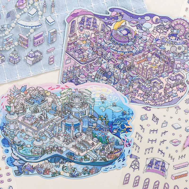 Card Lover  4 Pcs [Fantasy Roaming Series] Landscape Stickers Starry Secret Underwater Tale Sun Temple Scrapbook Stickers