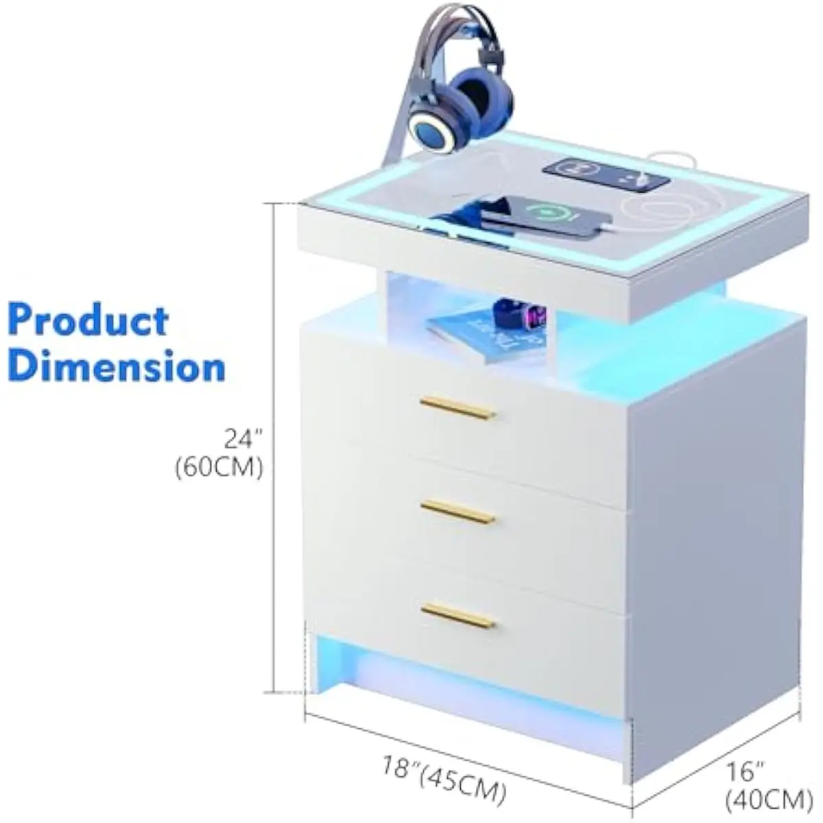 2-piece LED-equipped bedside tables featuring touchless motion-sensing illumination, triple-color adjustable lighting, tempered