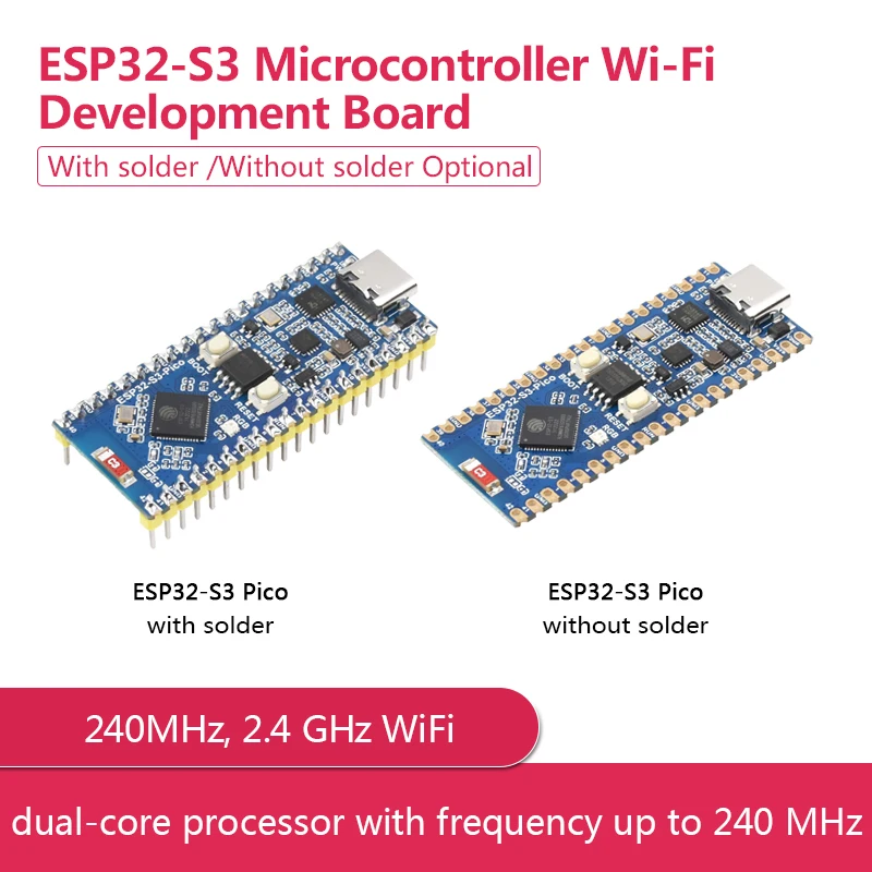 

ESP32-S3 Microcontroller, 2.4 GHz Wi-Fi Development Board With Optional Solder, dual-core processor with frequency up to 240 MHz