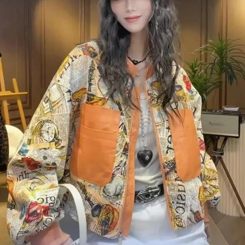 

Women Newspaper Print Jacket Harajuku Y2K American Vintage Streetwear Long Sleeve Zip Spring Fall Big Pockets Croppedcoat