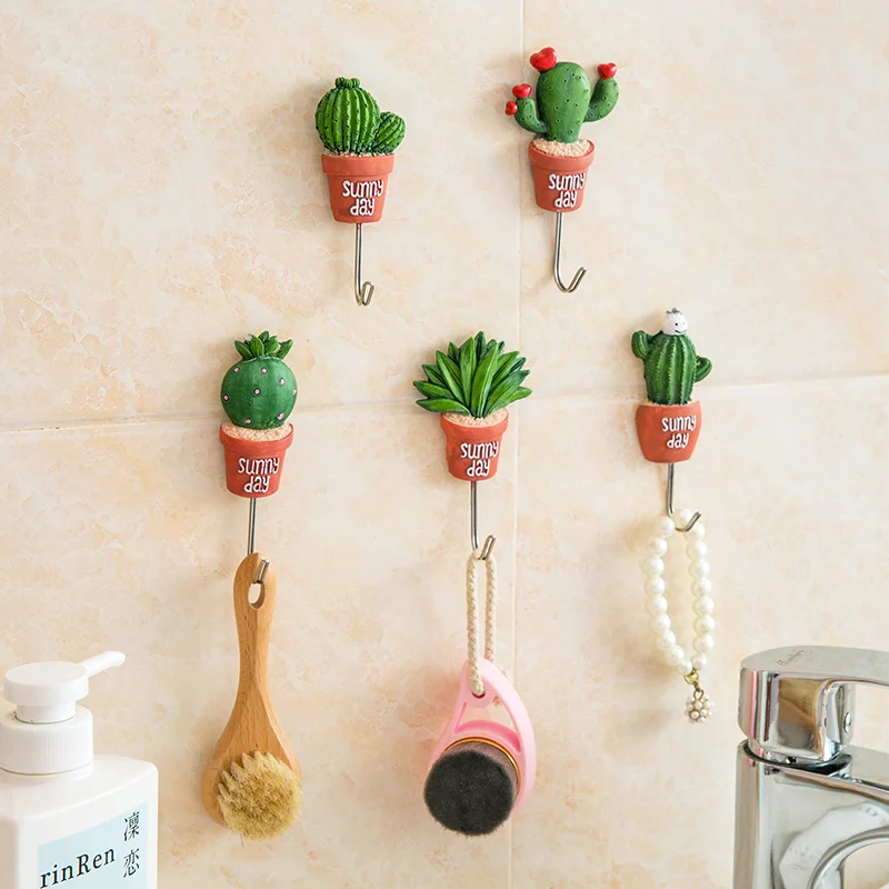 Wall Hook Cactus Adhesive Artificial Flower Pot Plant Home Decor Storage Organizer Key Rack Bathroom Kitchen Towel Hanger