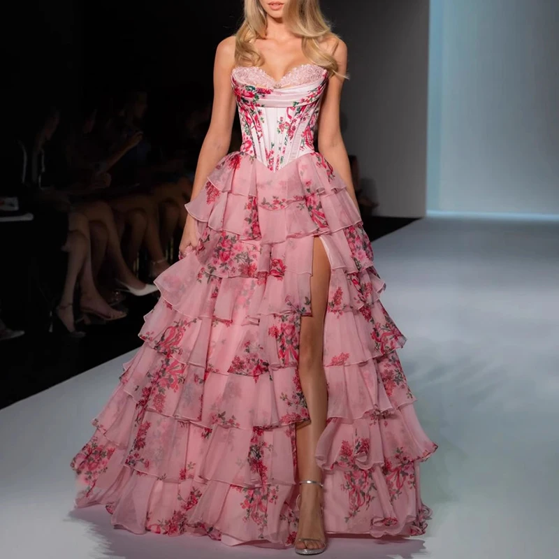 

Сексуальное банкетное платье с заниженной талией и топом, элегантное женское многослойное плиссированное платье в демонстрационном стиле, вечернее платье без бретелек с цветочным принтом и разрезом