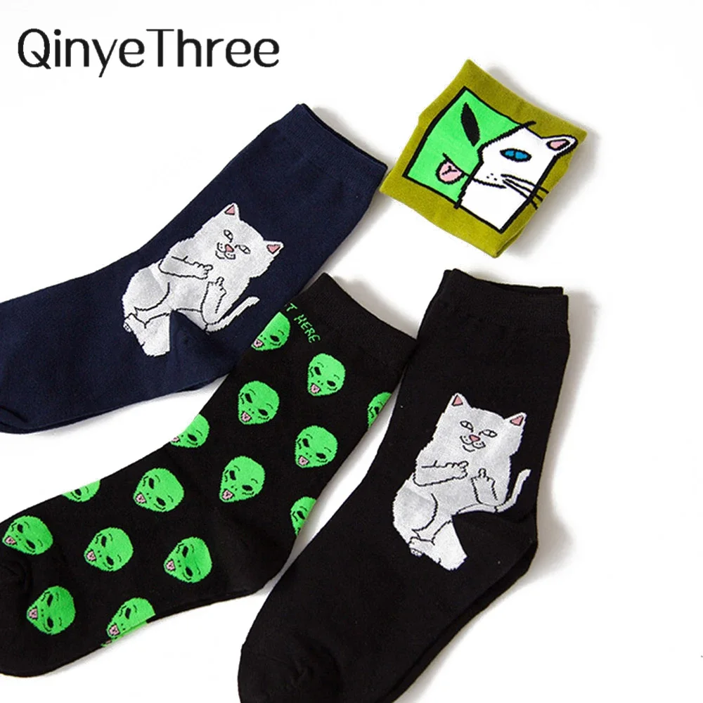 Women Art Funny Alien Planet Creative Funny Cartoon Cat Unisex Breathable Cotton Socks Dropship