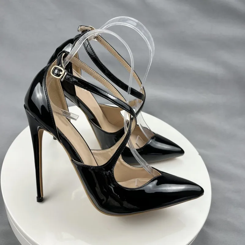 Tikicup Glossy Black Cross Strap Women Pointy Toe High Heel Shoes Front V Cut Stiletto Pumps for Party Colors Customize