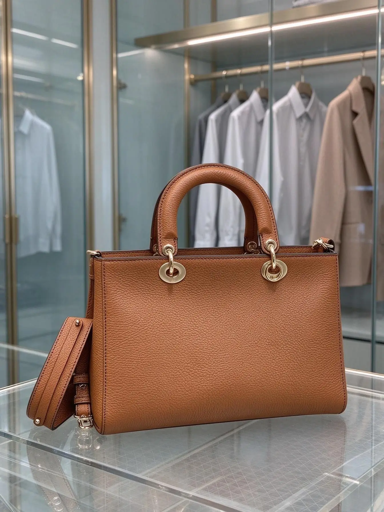 Women Caramel Pebbled PU Leather Top Handle Tote Bag Structured Square Handbag Detachable Wide Strap Crossbody Purse