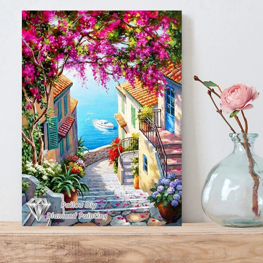 Schönes europäisches Dorf mit Blumen Landschaft 5D Diamant Malerei kleine Stadt Meer Landschaft Kreuzstich Mosaik Kunst Dekor