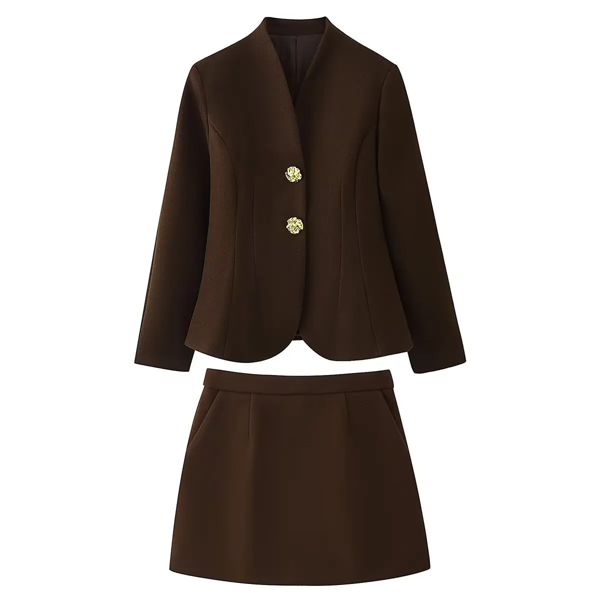 

Vintage Brown Blazer Skirt Set Women Elegant Stand Collar Suit Two Piece Sets Office Lady Slim Jacket Mini Skirts Outfits Co-ord