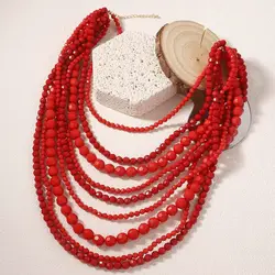 Retro Geometric Multi-layered Design Coral Red Bead Necklace