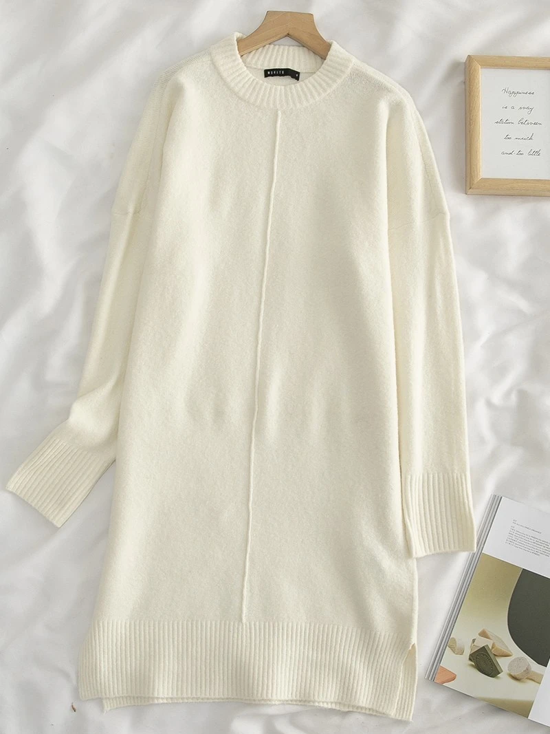 

2024 New Sle Simple round Ne Long Sve Knitted Dr Midi Loose Slimming Sweater Dr Base Layer Dr Polyester Fiber