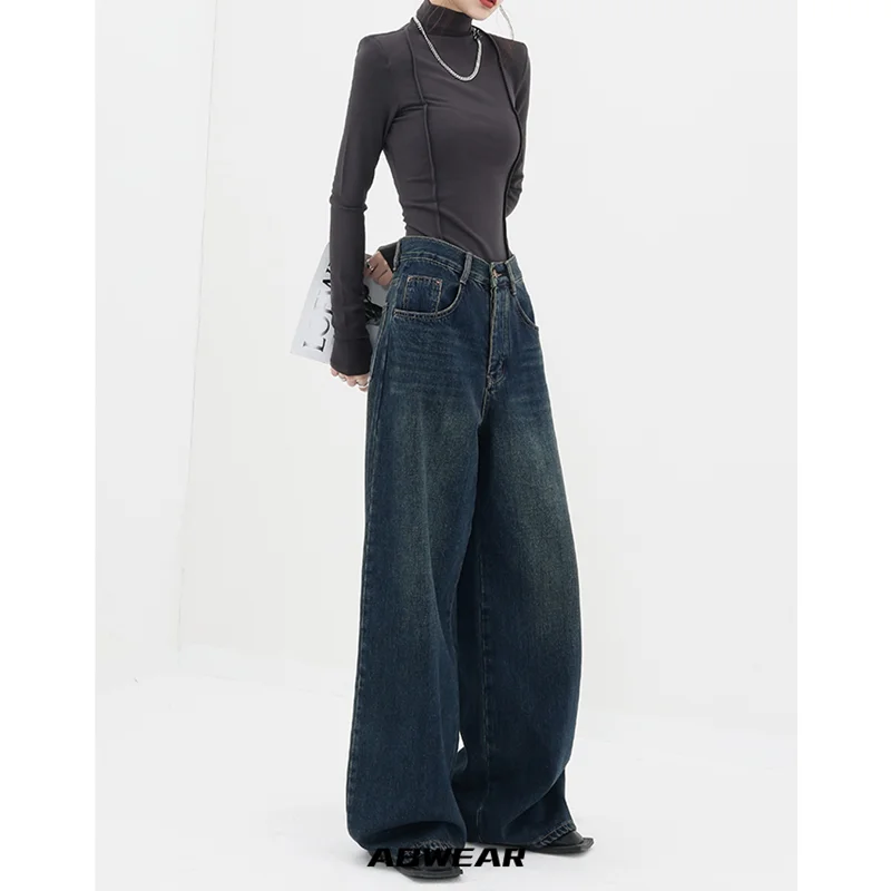 

High Waist BlueWomens Jeans Vintage Straight Baggy Denim Pants Streetwear American Style Fashion Casual Wide Leg Denim Trouser