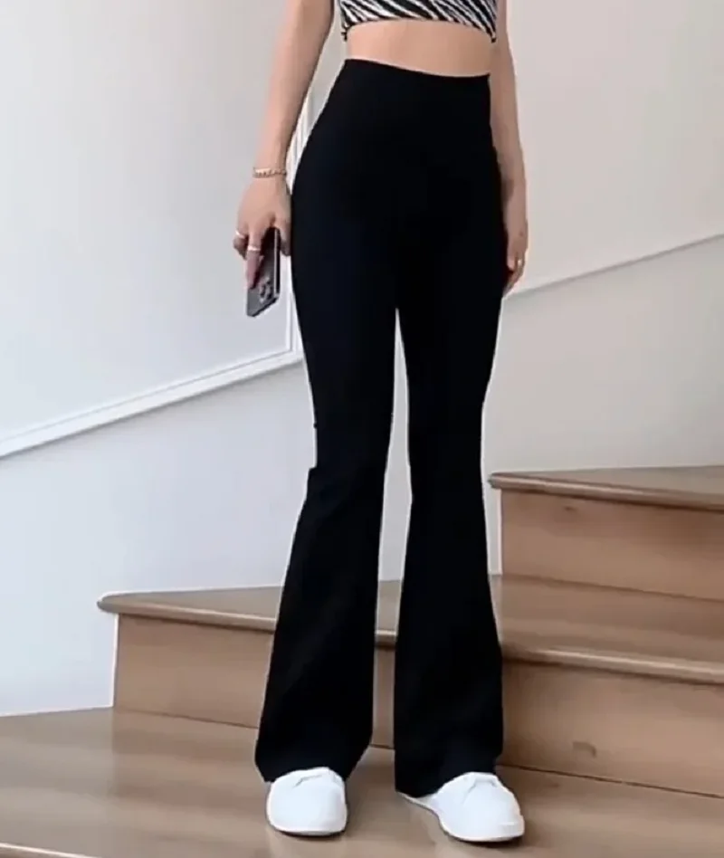 กางเกงโยคะทรงไมโครเฟลร์เอวสูงสำหรับผู้หญิง - ความยาวพิเศษ ผ้าชาร์คสกินกระชับสัดส่วน ทรงกางเกงฮอร์สชู ยืดได้ 4 ทิศทาง