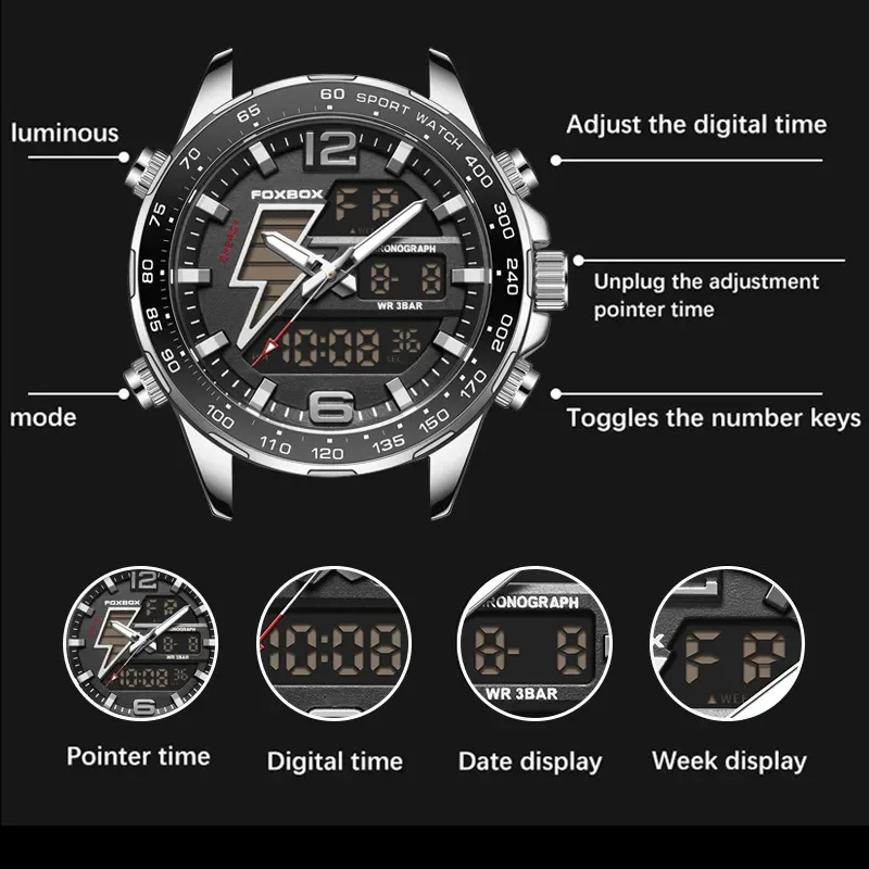 LIGE FOXBOX Luxury Dual Digital Display Watch All Steel Strap Fashion Quartz Man Watches Waterproof Alarm Clock Men Reloj Hombre