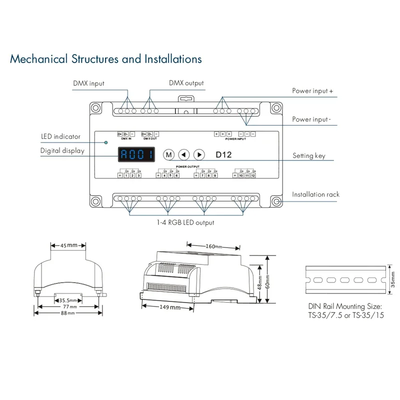 Décodeur DMX à tension constante avec affichage, rail D12 Din, 12 canaux, 12 CH, CV, PWM, réglage de l'adresse DMX, 12V, 24V, DC