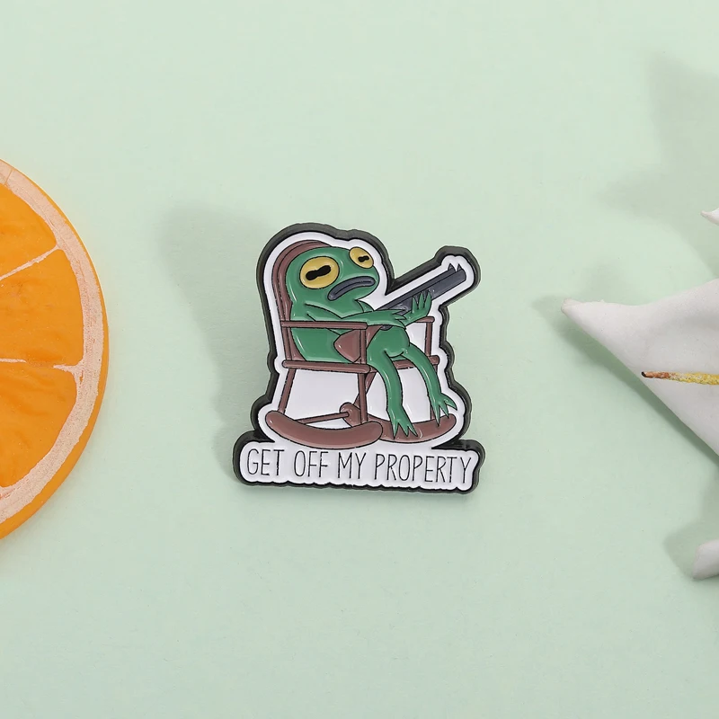 

Get Off My Property Enamel Pin Cartoon Frog Gun Chair Brooch Lapel Backpack Badge Fashion Jewelry Accessories