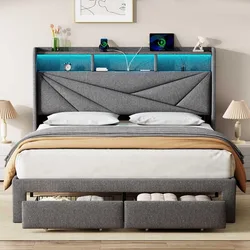 LED Queen Bed Frame with 2 Storage Drawers, Upholstered Bed Frame Queen Size with Headboard and Charging Station