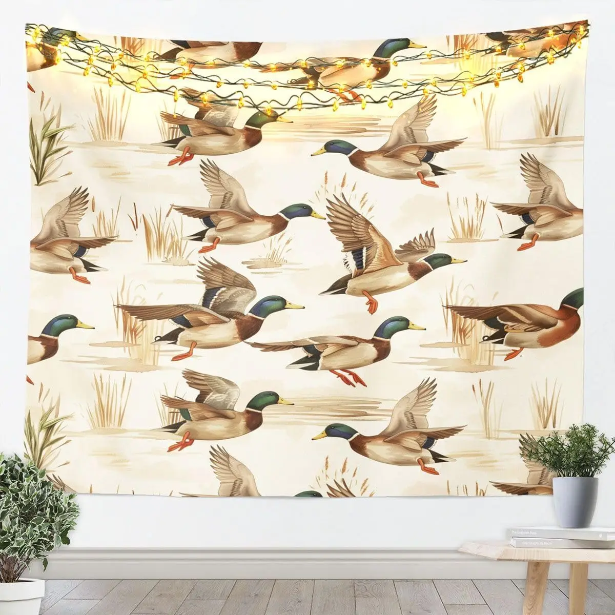 Boho Ducks Flying Tapestry Wall Hanging Fairy Lights Goose Nature Art Poster Home Decor Polyester Fabric