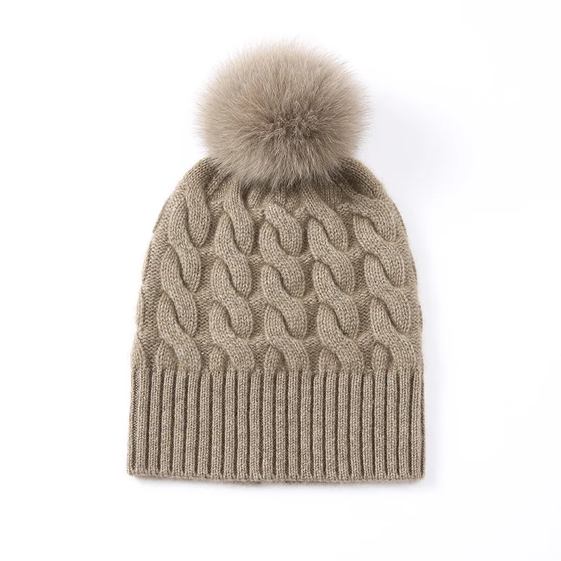 100% Cashmere Beanie with Real Fox Fur Pom Pom Cable Knitted Hat Women