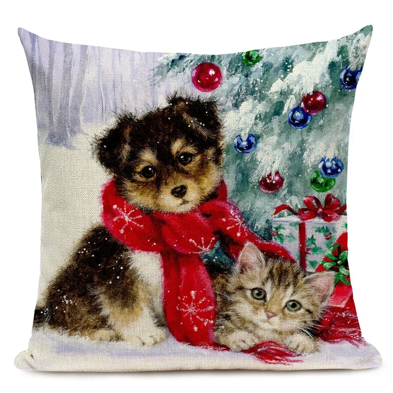 Pets Printed Christmas Pillow Cases Cats Dogs Cushion Cover Christmas Decorative Gifts Square Throw Pillowcase