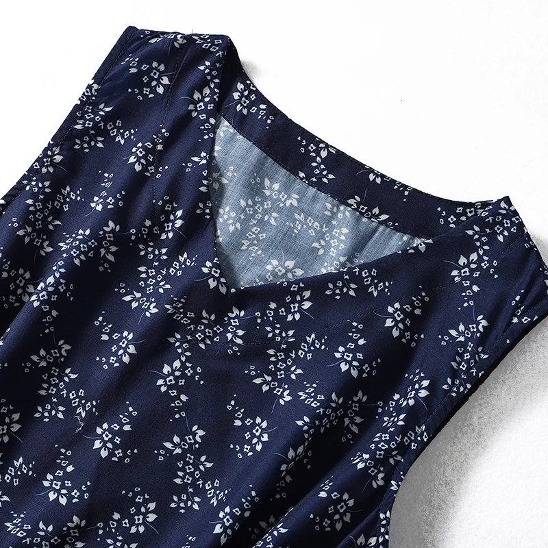 Blue Floral Cotton Summer Dr Women's plus Size Svel Thin Long Dr V-ne Loose Waist A-line Skirt Commute Sle