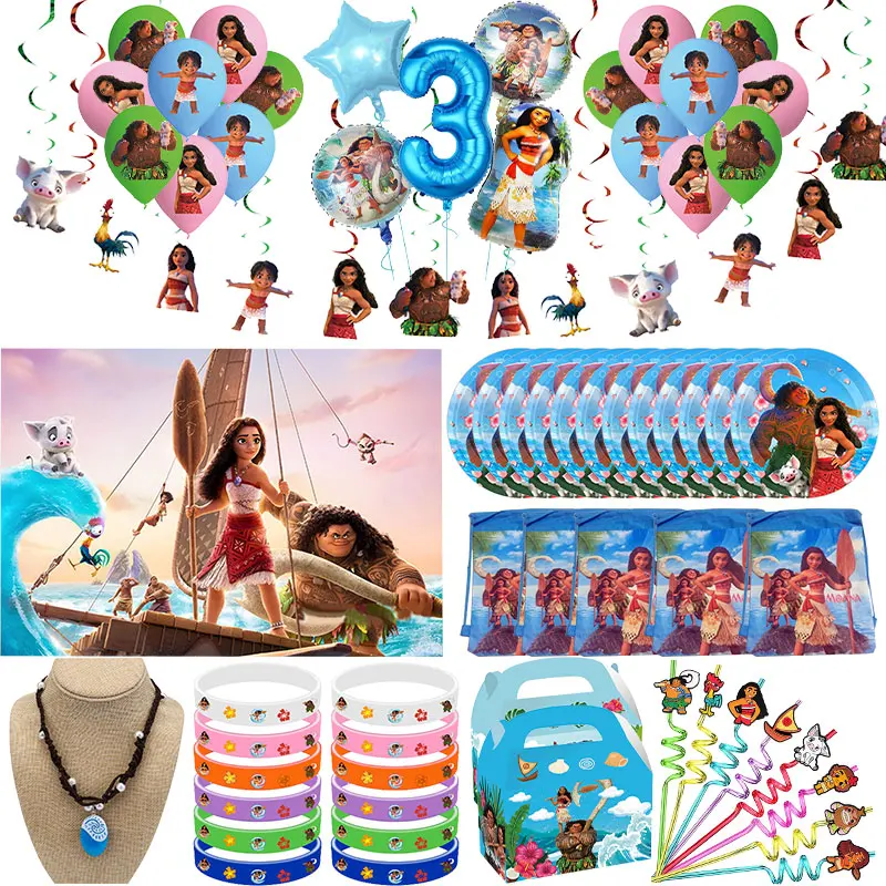 New Moana 2 Decorazione per festa di compleanno Vaiana Set di decorazioni per compleanno Stoviglie Sfondo Piatti Tazze Collana Moana Giocattolo per ragazza Regalo