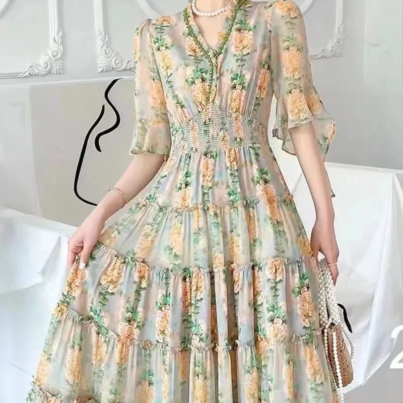 Chiffon Printed Women's Dresses 2024 Summer New French V-Neck Slim Fit Mid Length Women Dress  Vestidos Elegantes Para Mujeres