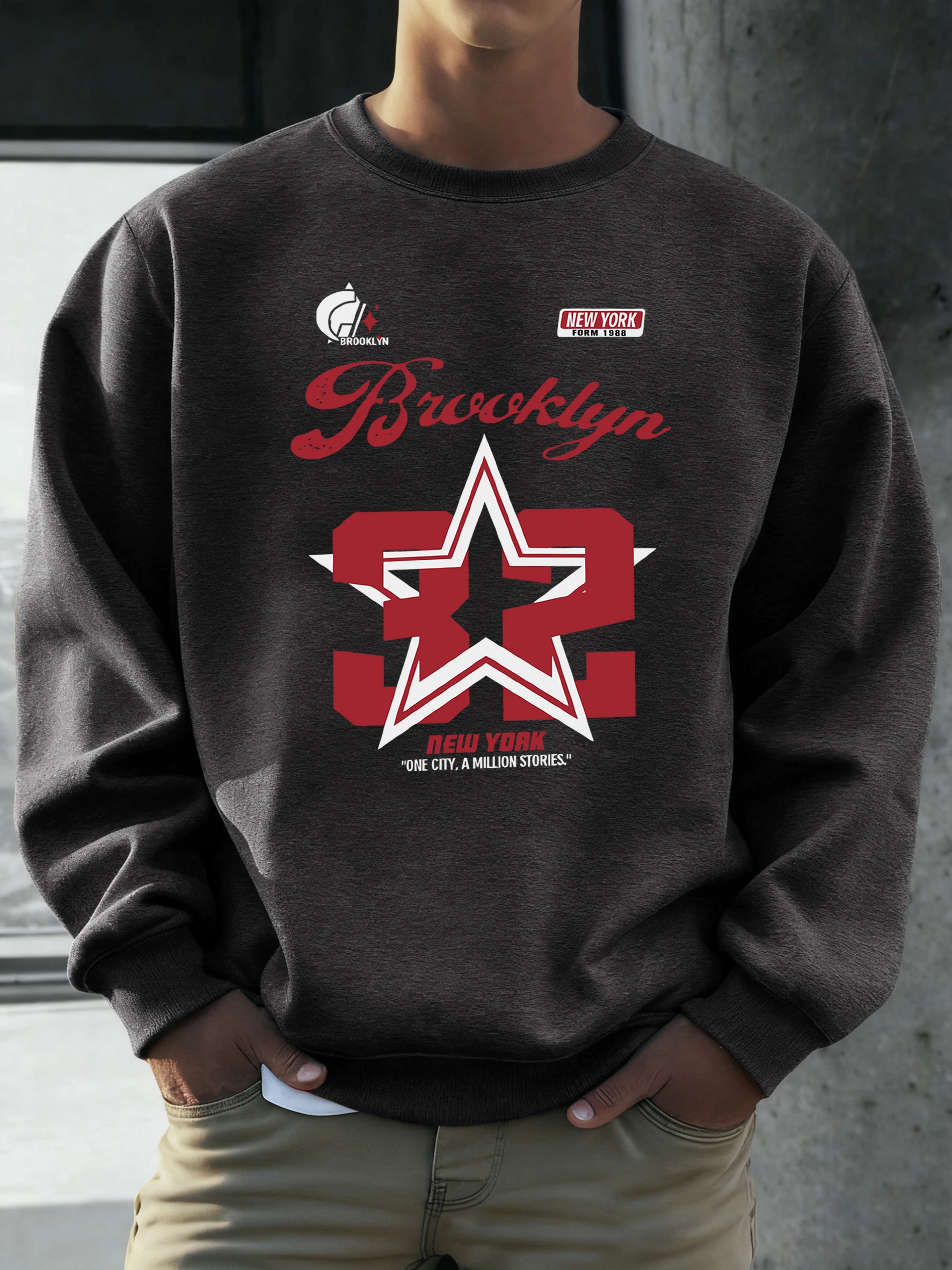 Brooklyn New York Number 32 Pentagram Prints Herren-Fleece-Sweatshirt, All-Match-Pullover mit O-Ausschnitt, lässige Sportkleidung, lockere Sportbekleidung