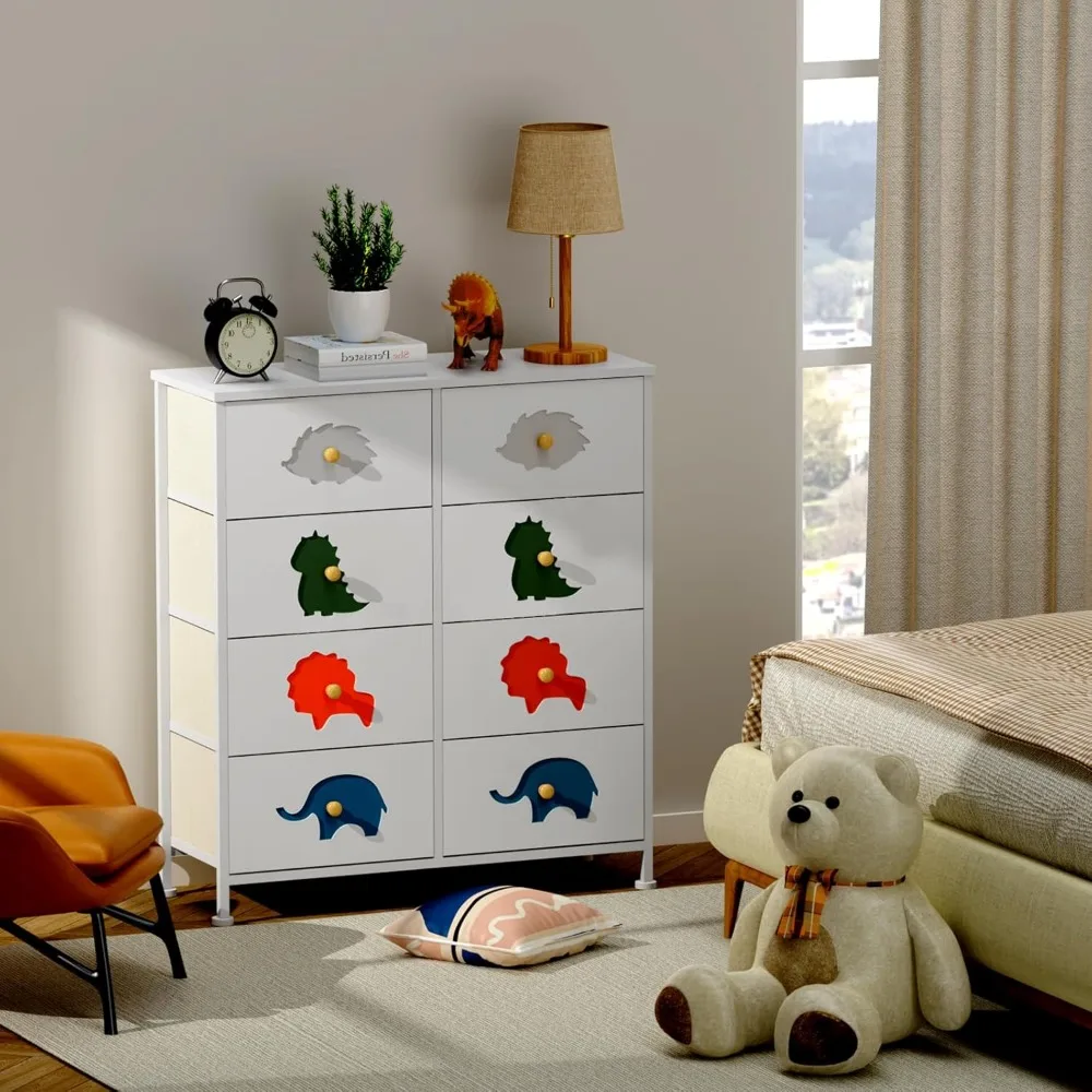 خزانة أطفال من FRAPOW لغرفة النوم، خزانة أطفال مع 8 أدراج قماشية، منظم تخزين طويل القامة للأطفال الصغار مع سطح خشبي معدني #6