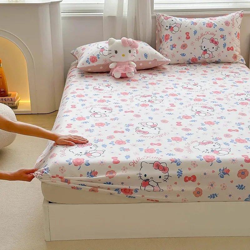 Sanrio Hello Kitty Bed Mattress Cover Kawaii Cartoon Cinnamoroll Kuromi Bed Linen Fitted Sheet For Kids Adult Single Queen Size