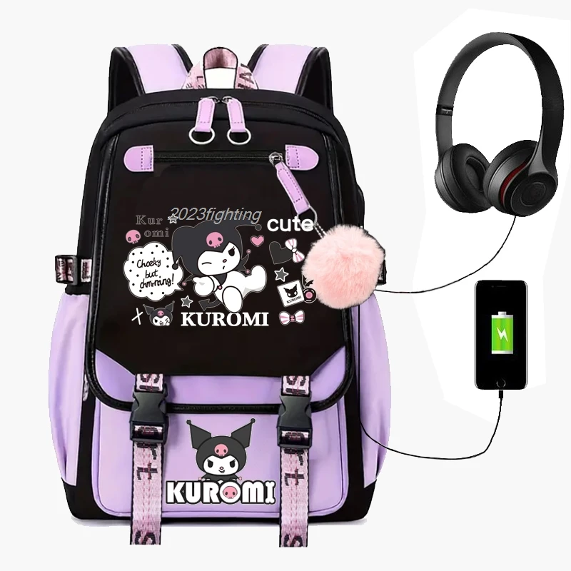 Purple Kuromi Melody School Bags USB Women Men Capacity Laptop Schoolbag Outdoor Travel Backpacks For Birthday Gift