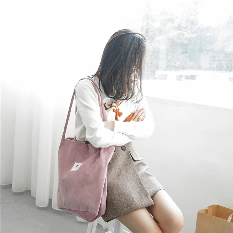 Casual Corduroy Shopping Bag, High Quality ,Eco Friendly Reusable Handbag, Lightweight Shoulder Bags