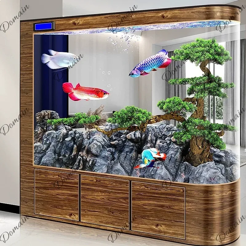 EW Modern Semi-Circle Goldfish Tank Living Room Small Glass Floor Aquarium No Water Change U