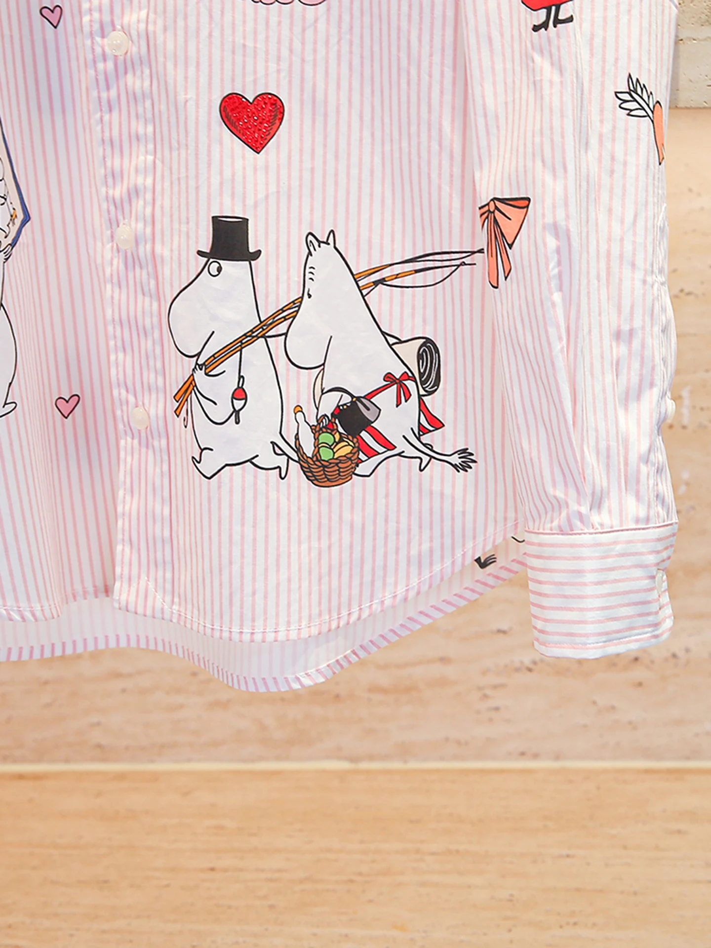 Doux rose rayé dessin animé imprimé femmes irt décontracté trajet Sle coupe ample longue Sve boutonné irt pour l'automne