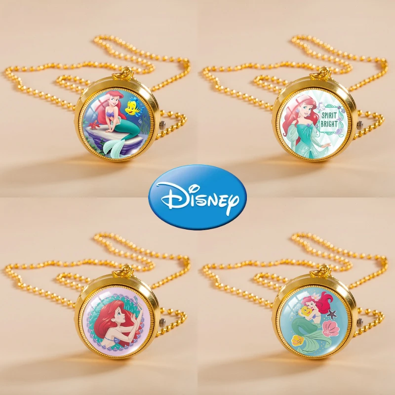 Disney The Little Mermaid Ariel Princess Vintage Pocket Watch for Women Cartoon Rotating Flip Cover Pendant Necklaces Watches