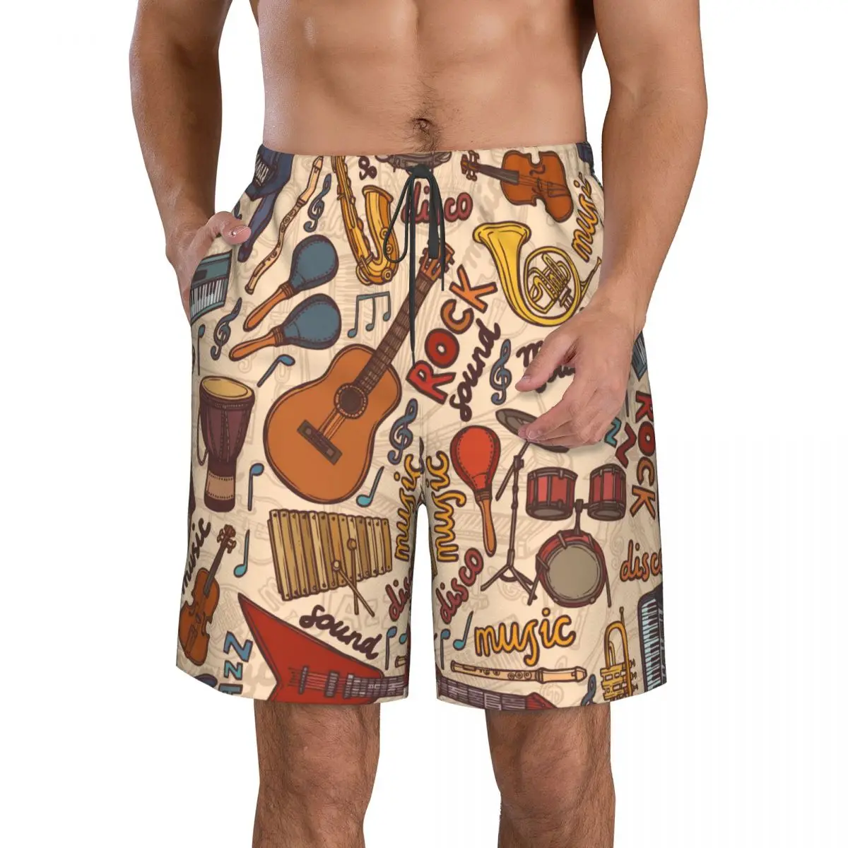 Men's Beach Short Swim Shorts Colorful Musical Instruments Sketch Surfing Sport Board Shorts Swimwear