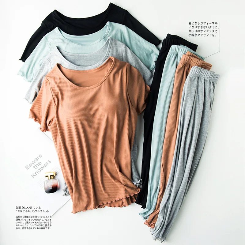 Summer New Ladies Modal Pajamas Two-piece Suit with Chest Pad Short-sleeved Cropped Trousers Plus Size Home Service Sets