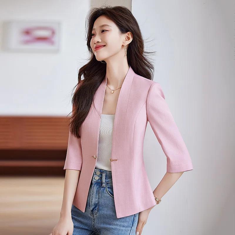 High quality women blazer three quarter sleeve slim jacket V neck autumn spring 2025 elegant office clothes pink black beige