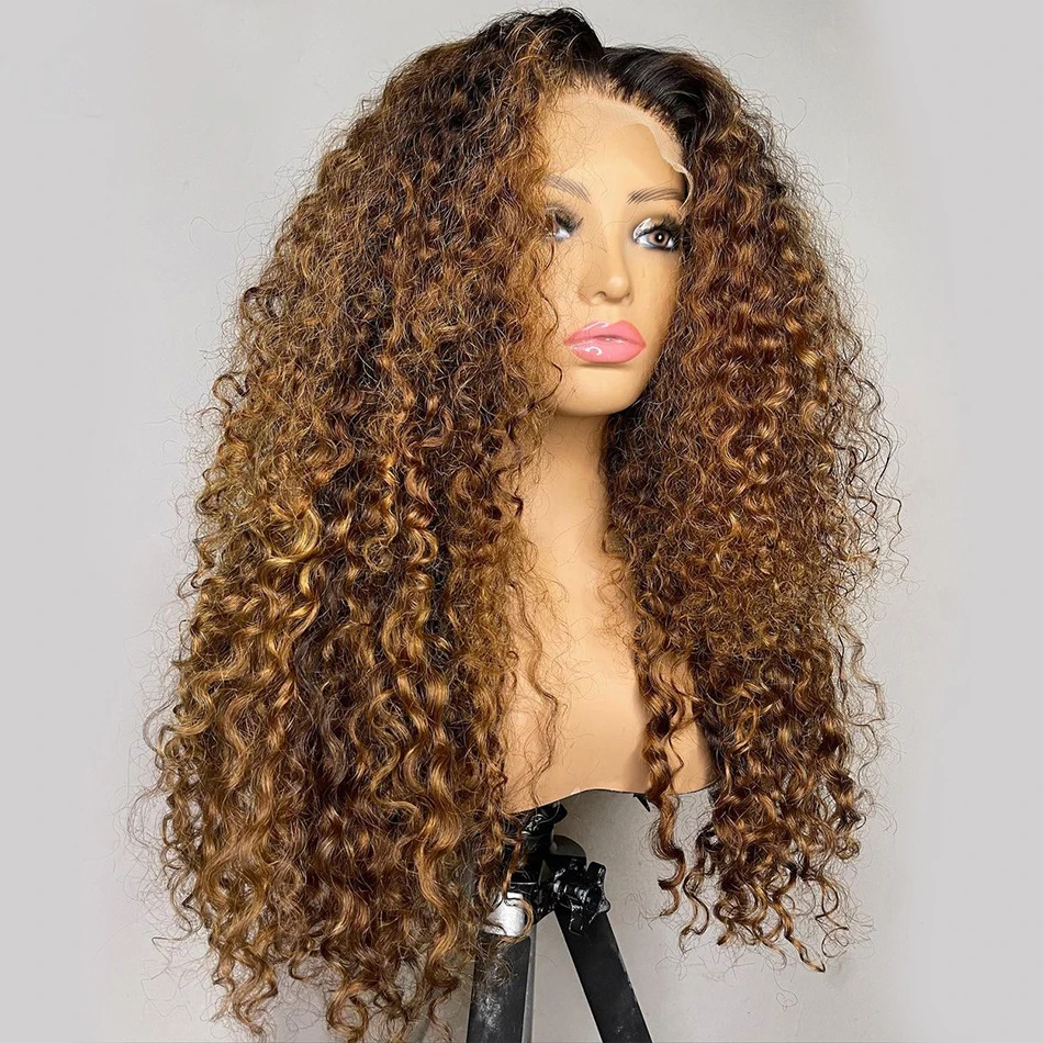 Perruque Lace Front Wig crépue bouclée sans colle pour femmes noires, cheveux de bébé, longue et douce, degré de chaleur pré-plumé, blonde ombrée, marron, densité 180, 26 po