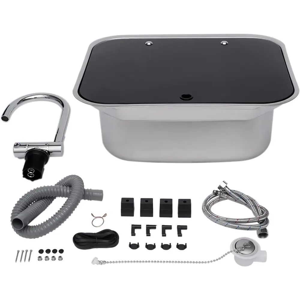 Caravan or Boat Stainless Steel Hand Wash Basin Sink with Folded Faucet Tempered Glass Lid for RV Caravan Camper Trailer Accesso