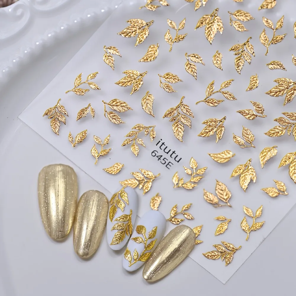 Autumn Winter Golden Floating Light Branches Leaves Nail Art Stickers Flower Branches Leaves Nail Stickers Golden Foil Embossing