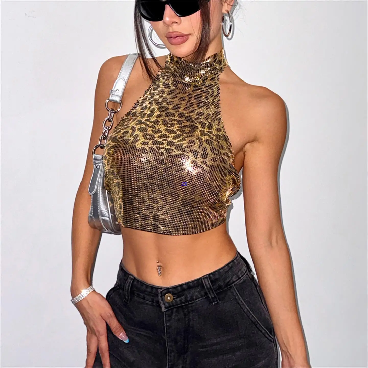 

Sexy Leopard Print Tank Top Metal Sequin Hanging Ne Strap Festival Music Matching Women's ort A-Line Vest Bal