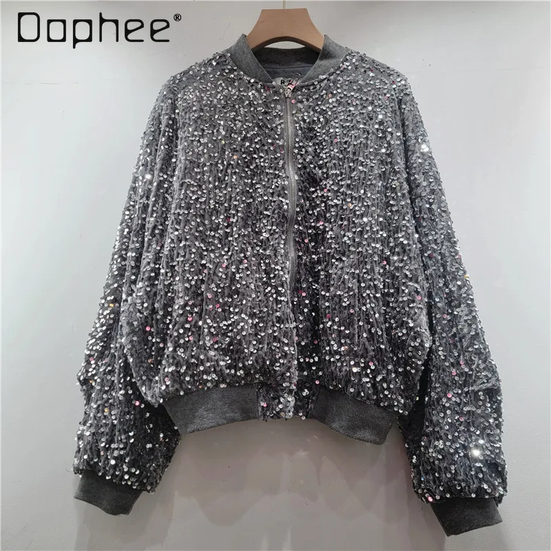 

Stand Collar Long Sleeve Sequin Jackets for Women 2026 Spring New Fashion Korean Version Loose Shiny Casual Baseball Jacket Top