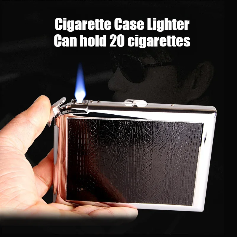 

Newest (20 Cigarettes) Black Leather Metal Cigarette Case and Inflatable Butane Gas Lighter Standard Thick Cigarette Accessories