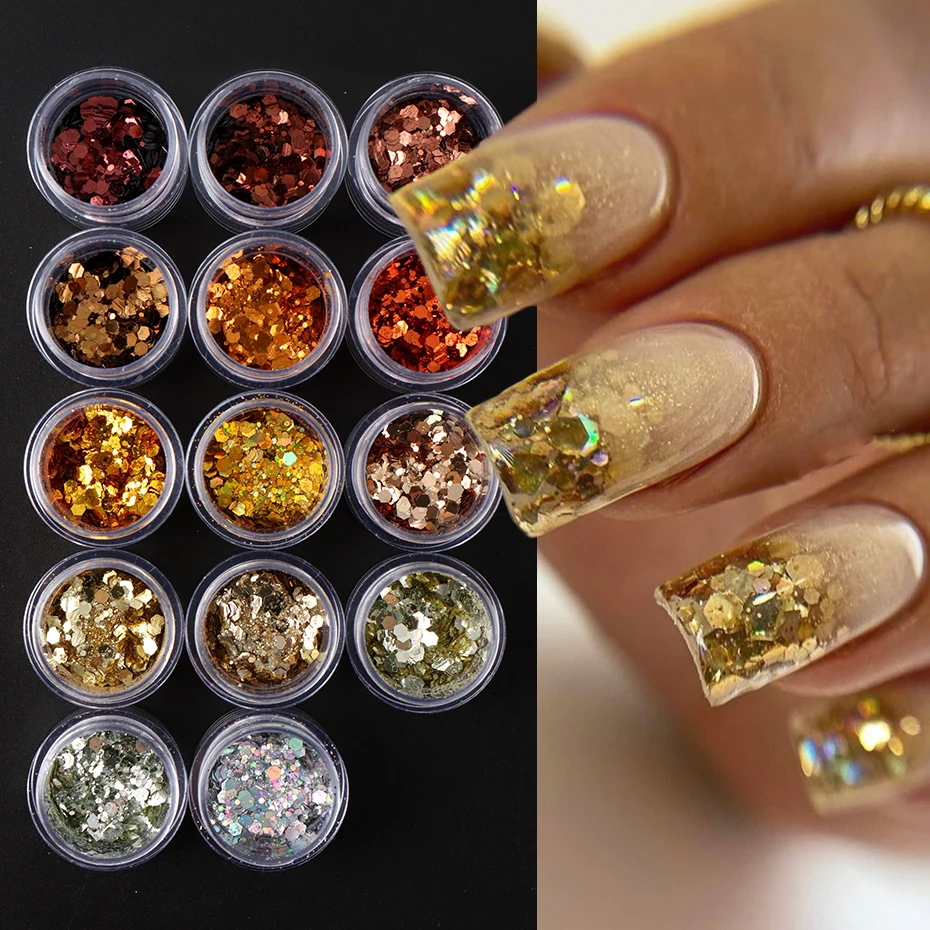 14 Uds. Lentejuelas holográficas con purpurina para uñas, copos de uñas rojos dorados con láser hexagonal grueso para impresionantes manicura y manualidades DIY