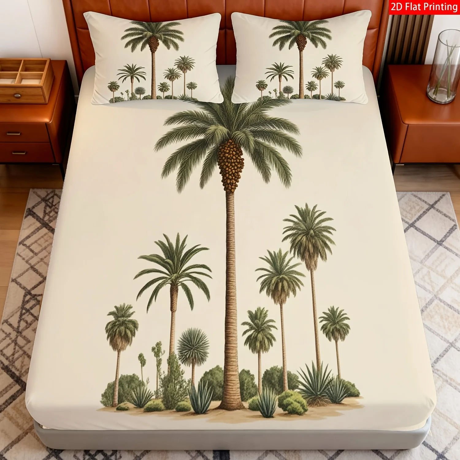 3-Piece Mattress Protector Set, Tropical Palm Print Fitted Sheet Set, Beige and Green Palm Date Print Fitted Sheet and Pillowcase, Mattress Protector, Stain-Resistant, Suitable for All Seasons, Machine Washable, Easy to Care For, Suitable for Home Bedrooms, Essential for Dormitories and Rentals, Master Bedroom and Guest Room Decoration, Dust-Proof and Stain-Resistant, High Elasticity, Fits Various Sizes
