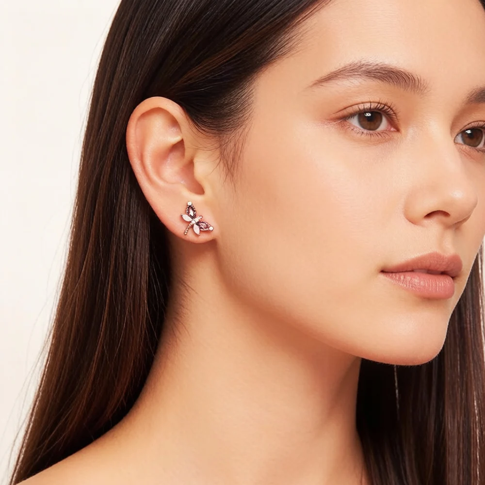 Stud Earrings Dragonfly With Stones Europe Style Fine Jewerly For Women,2023 Summer New Cute Gift In 925 Sterling Silver
