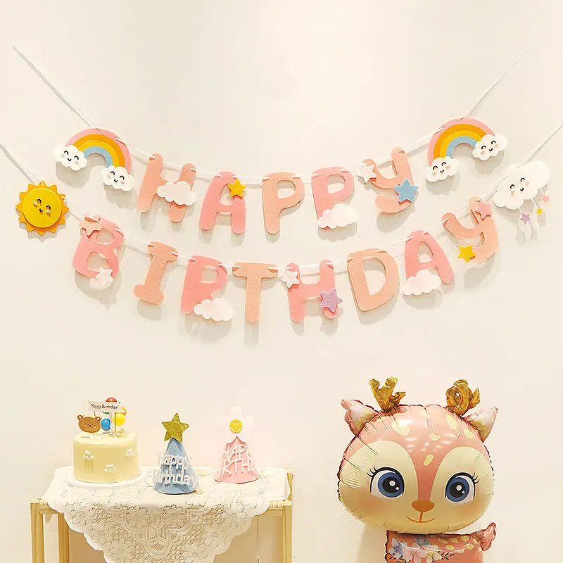 Girl's 1st Birthday Happy Party Banner Rainbow Clouds 